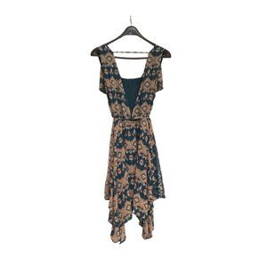 A-Line Open Back Turquoise & Tan Dress